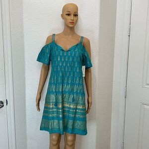 Lapoge Woman’s Dress Open Shoulder Teal And Gold Pattern Dress Size Medium Mini